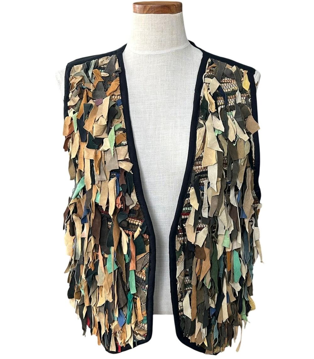 AJ Vintage 90s Shaggy Scrap Suede Leather Vest Size M Boho Festival Patchwork